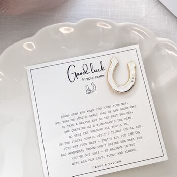 Good Luck Exam Poem And Lucky Horseshoe Enamel Pin Meaningful Gcse Student Gift Keepsake, 2 of 12