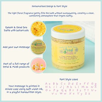Personalised Bath Salts Gift – Petal And Musk Soaking Salts With Calendula Petals – Mother’s Day, Birthday Gift, 8 of 8