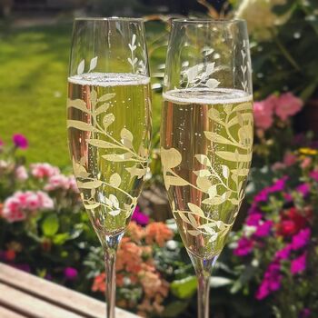 Personalised Set Of Two Floral Crystal Champagne Flutes, 6 of 10