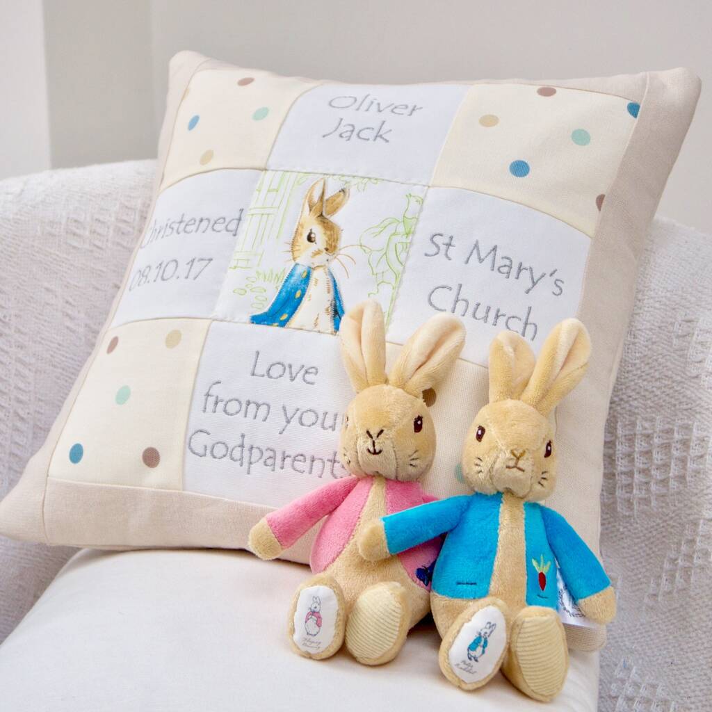 Peter Rabbit Cuddly Cushion New Baby Christening Birthday Gift PERSONALISED 