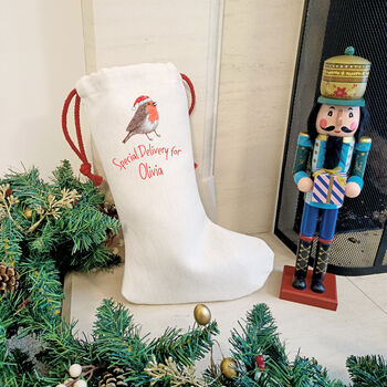 Personalised Robin Christmas Stocking. Special Delivery, 4 of 6