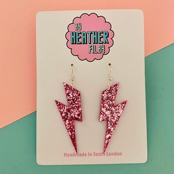 Pink Glitter Lightning Bolt Earrings Small And Large, 10 of 11