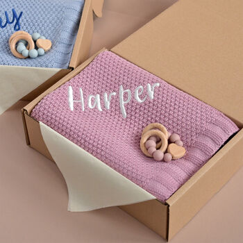 Personalised Knitted Blanket And Teether Set For Baby Girl, 5 of 8