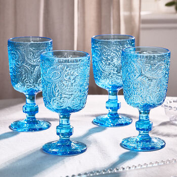 Set Of Four Bright Blue Paisley Wine Goblets, 3 of 8