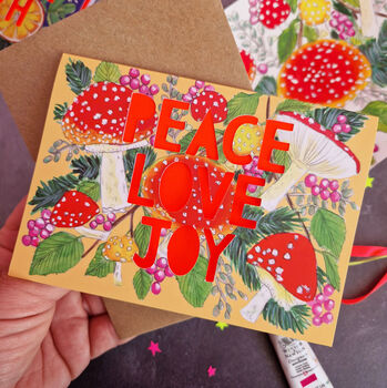 Peace Love Joy Mushroom Papercut Christmas Card, 3 of 7