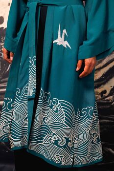 Origami And Hokusai Wave Embroidered Deep Teal Long Kimono, 7 of 12