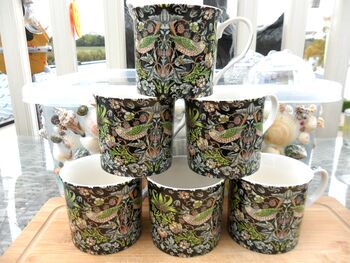 Set Of Six Palace Mugs In William Morris Black Strawberry Thief Design, 2 of 10