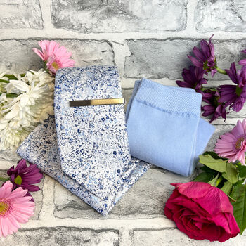 Blue And Silver Ditsy Floral Wedding Tie Set, 5 of 6