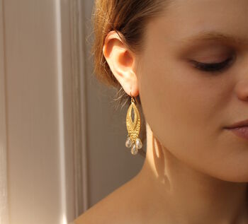 Art Deco Chandelier Earrings With Pearl Glass Drops, 3 of 10