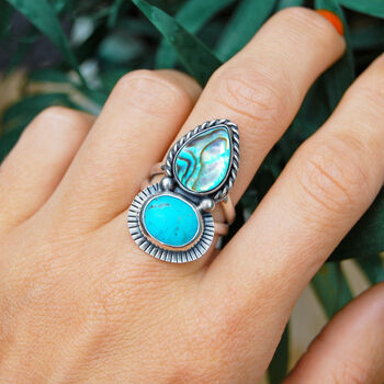 Dreamer Turquoise And Abalone Silver Statement Ring, 5 of 7