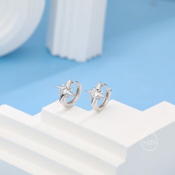 Cz Starburst Huggie Hoop Earrings In Sterling Silver, 3 of 9