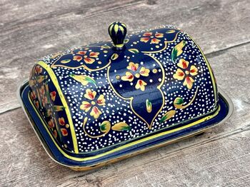 Handpainted Navy Patterned Butter Dish, 4 of 5