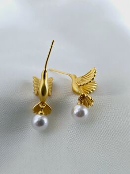 Golden Dove Pearl Earrings 16k Gold Plated Studs With Real Freshwater Pearls, Symbol Of Love And Peace, Wedding Gift For Her, 7 of 9