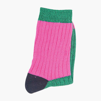 Glitter Mid Calf Ribbed Cotton Boot Socks Colour Block Pink Green, 3 of 4