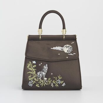 Wolf And Moon Embroidered Charcoal Satin Tote, 2 of 7