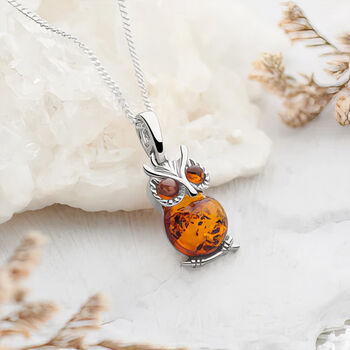 Sterling Silver Baltic Amber Owl Necklace, 2 of 12
