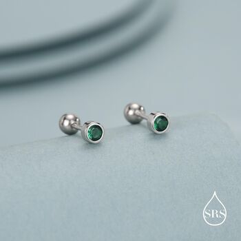 Extra Tiny Emerald Green Cz Screw Back Earrings In Sterling Silver, 2 of 10