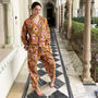 Mustard Yellow Block Print Floral 100% Cotton Ladies Pyjamas, thumbnail 4 of 8