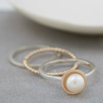 Silver And 9ct Gold Pearl Ring. Dainty Stacking Ring, 6 of 10