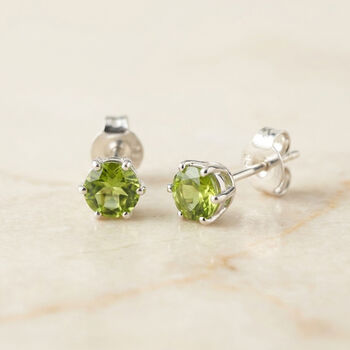 Tiny Sterling Silver August Peridot Birthstone Stud Earrings, 2 of 4