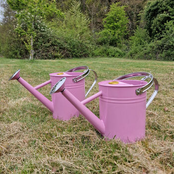 Pair Of Peony Pink And Chrome Trim Watering Cans, 2 of 11