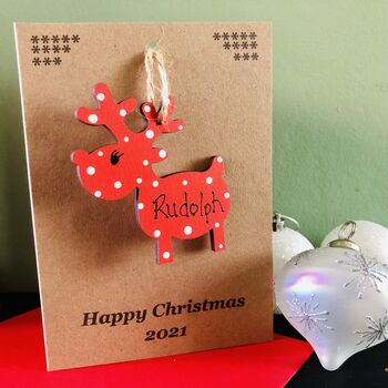 Personalised Reindeer Red Christmas Decoration And Card, 3 of 4