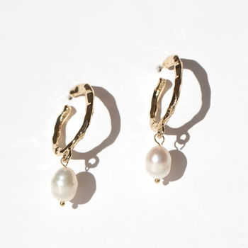 Biwa Freshwater Pearl Gold Ripple Earrings, 3 of 5