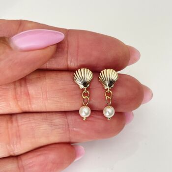 Gold Plated Shell And Pearl Stud Earrings, 3 of 5