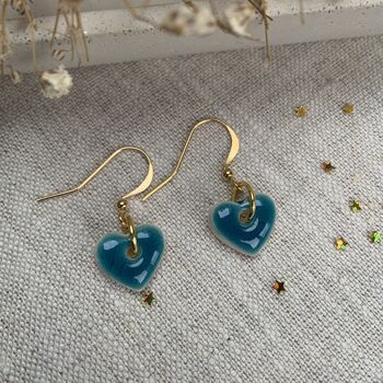 Small Green Blue Turquoise Ceramic Heart Earrings, 7 of 10