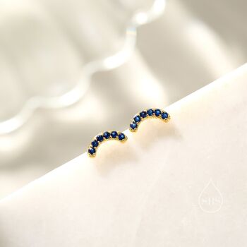 Sterling Silver Sapphire Blue Cz Curved Bar Tiny Stud Earrings, 2 of 12