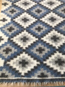 Thick Blue Diamond Sheep Wool Rug Handmade, 4 of 8