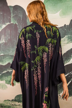 Wisteria And Chrysanthemum Black And Pink Embroidered Long Kimono, 6 of 12