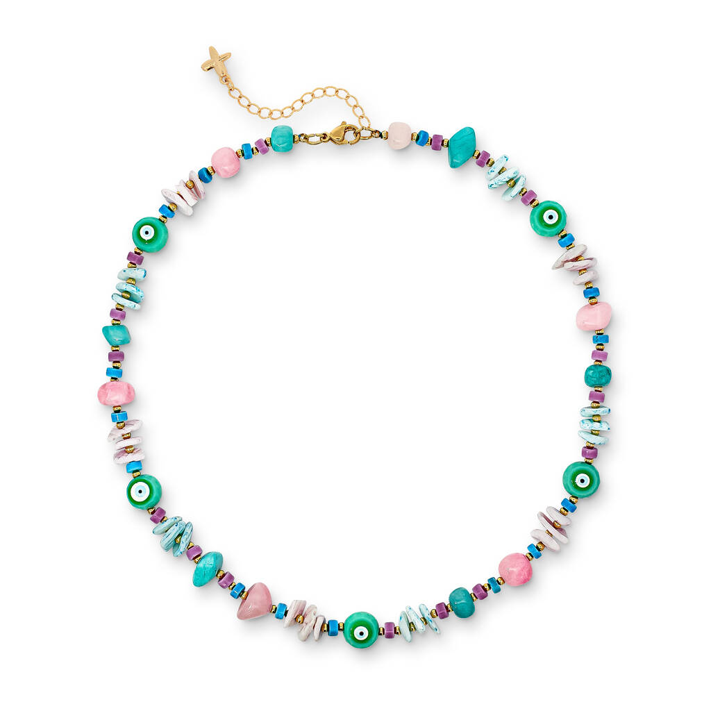 Pink Blue Green Jade Stone And Shell Beaded Necklace