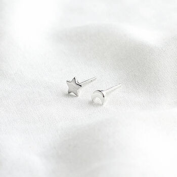 Sterling Silver Tiny Moon And Star Stud Earrings, 2 of 6