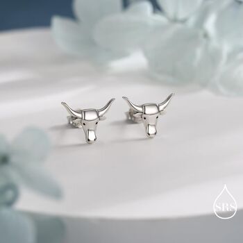 Sterling Silver Tiny Bull Head Stud Earrings, 2 of 11