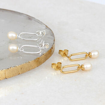 18ct Gold Plated Or Silver Chain Link Pearl Earrings, 2 of 6