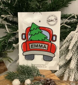 Personalised Christmas Truck With Tree Embroidered Fabric Name Patch, 2 of 2