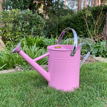 Pair Of Peony Pink And Chrome Trim Watering Cans, 9 of 11