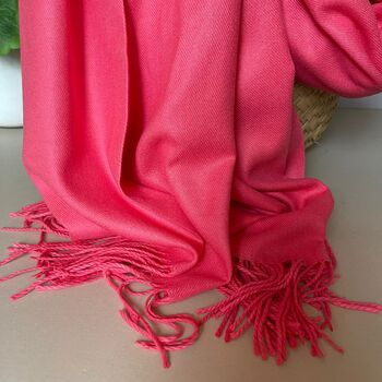 Super Soft Plain Pashmina Tassel Scarf In Candy Pink, 3 of 4