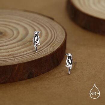 Sterling Silver Great Spotted Woodpecker Stud Earrings, 4 of 11