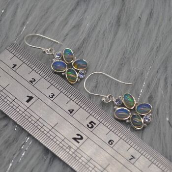 Floral Blue Opal Earrings: Silver, Cubic Zirconia, Dangle Drop, October Birthstone, 6 of 6