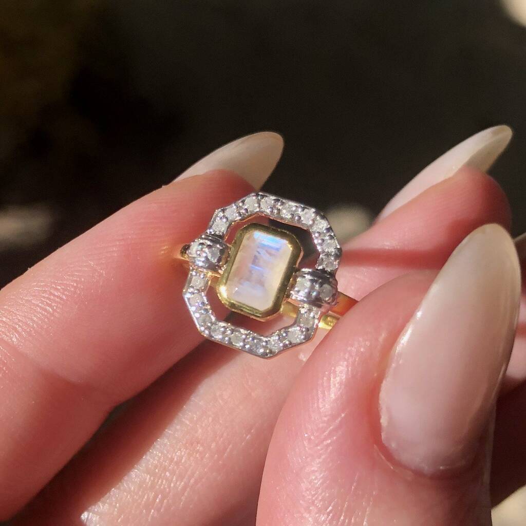 14k Gold Vermeil Diamond Halo Ring In Moonstone By Carrie Elizabeth
