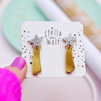 Silver Glitter And Gold Acrylic Shooting Star Earrings, 5 of 6