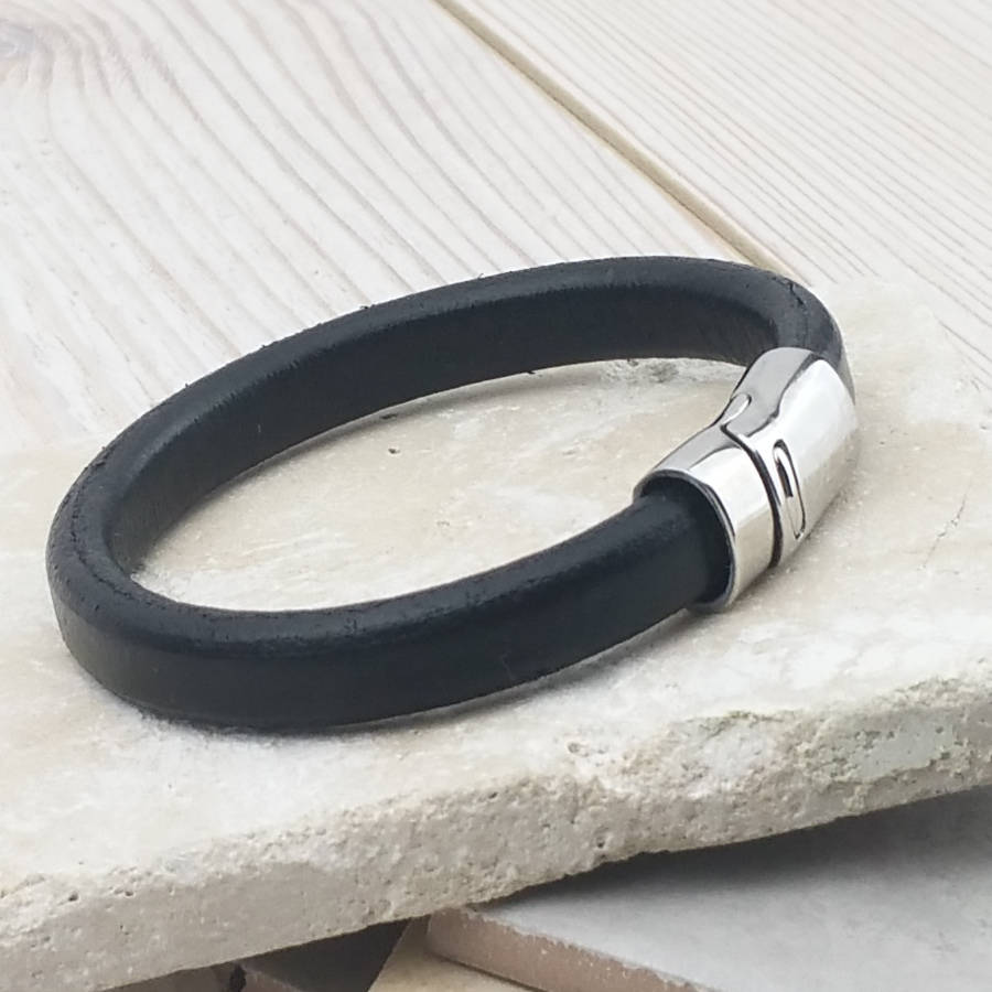 Dubh Leather Personalised Chrome Plated Mens Bracelet By David-Louis Design