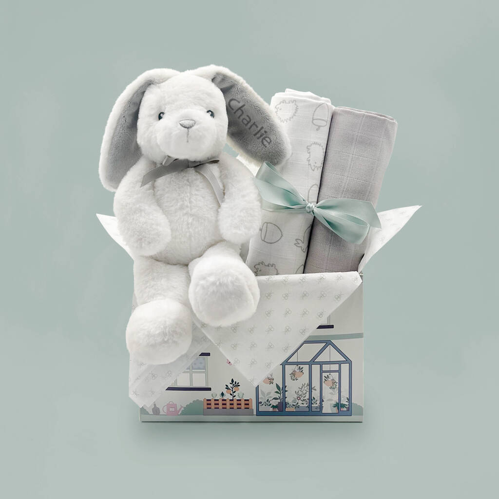 Personalised Bunny And Woodland Swaddles Baby Gift Set, 1 of 7