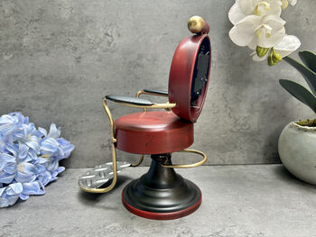 Barber’s Chair Table Clock – Red And Black Metal Ornament, 6 of 12