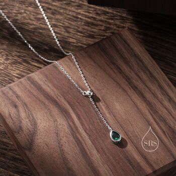 Emerald Green Cz Droplet Lariat Pendant Necklace, 2 of 11