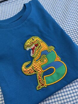 T Rex Appliqué Texture Birthday T Shirt, 3 of 3