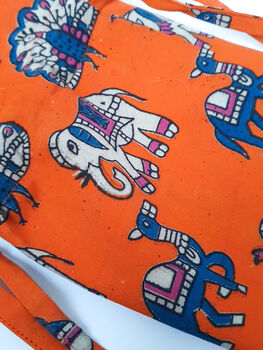 Orange Soft Cotton Pouch, Drawstring Reusable Cotton Bag, Indian Kalamkari Elephant Print, 7 of 10