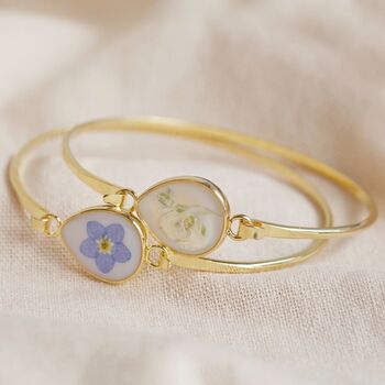 Real Pressed Forget Me Not Bangle In Gold Plating, 3 of 11